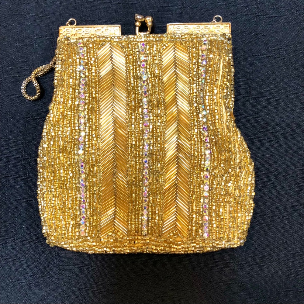 Lance Vintage Evening Bag 1950’s.  Gold Beaded w/ Rhinestones. Chain handle